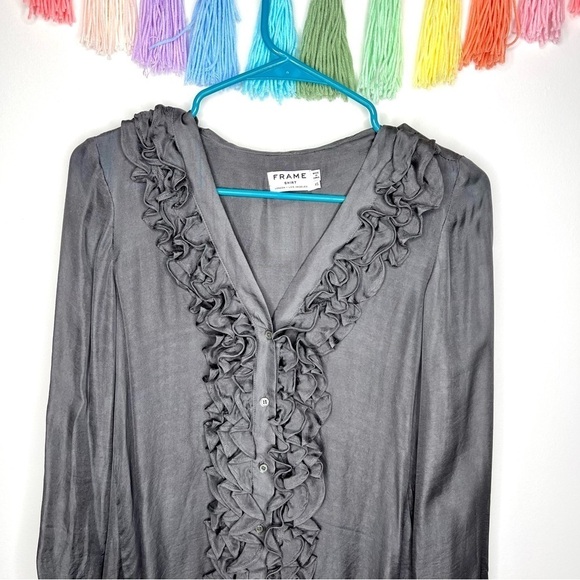 FRAME Tuxedo Smoke Grey Gray Silk Chiffon Ruffle Button Down Blouse Extra Small - Picture 3 of 16